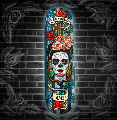 Dia de los Muertos Frida themed skateboard