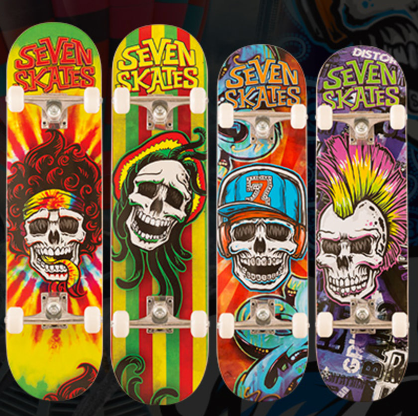 Fieldey created a range of skull skateboard graphics for Seven Skates
